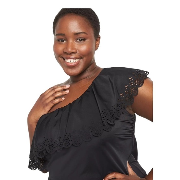 Lane Bryant No-Wire Relaxed Laser Cut One-Shoulder Ruffle Tankini Top Black- 28 - Picture 4 of 4